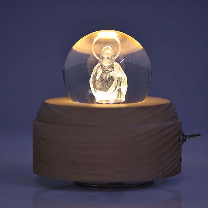 Christian Faith Glowing Crystal Ball on wooden base, elegant spiritual display, desktop light
