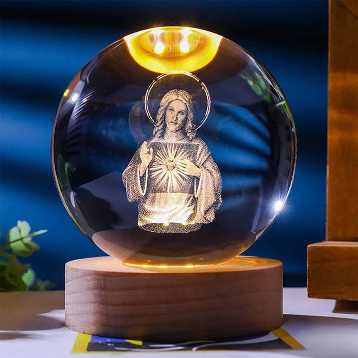 Christian Faith Glowing Crystal Ball, illustrating nativity scene within, festive religious item