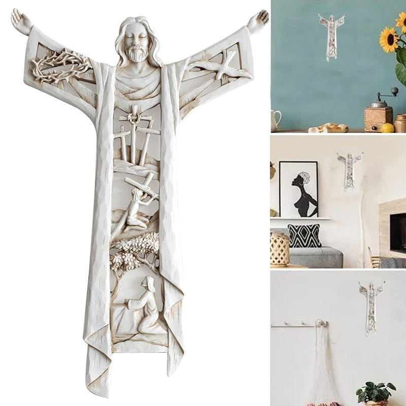 Christian Risen Christ wall cross with figures, religious decor for home, detailed resin sculpture