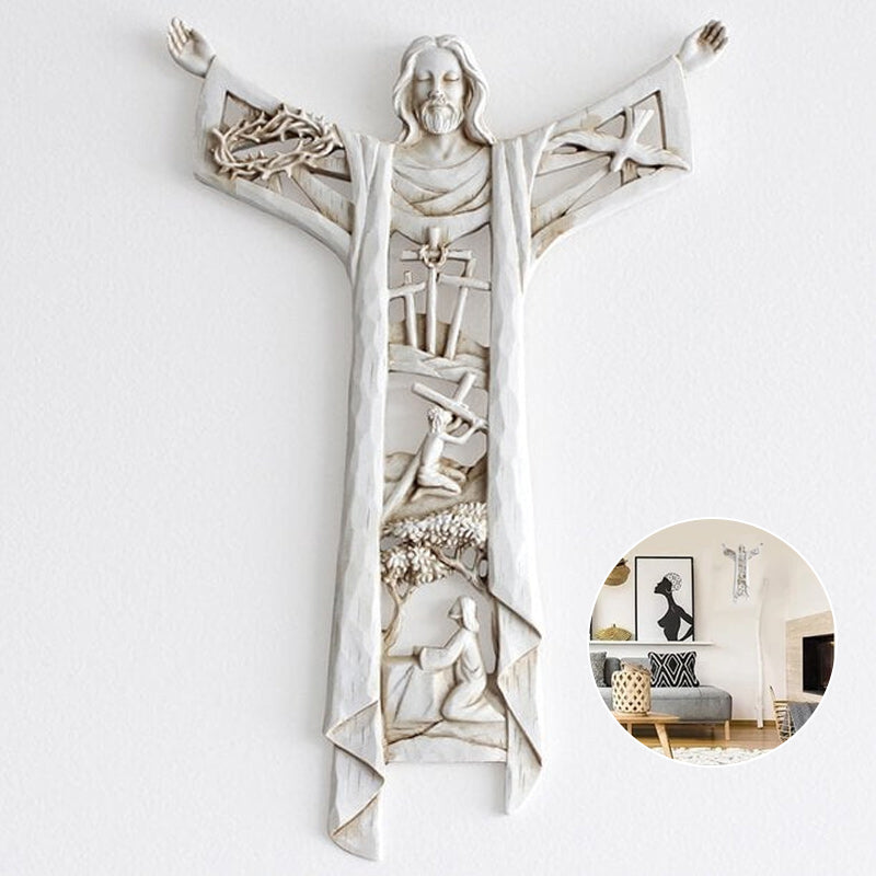 Risen Christ wall cross, intricate Christian art with Jesus figures, spiritual home decor
