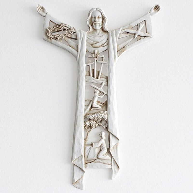 Resin sculpture, Christian Risen Christ wall cross with figures, meaningful religious decor