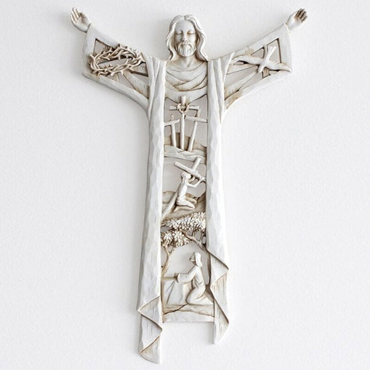 Resin sculpture, Christian Risen Christ wall cross with figures, meaningful religious decor