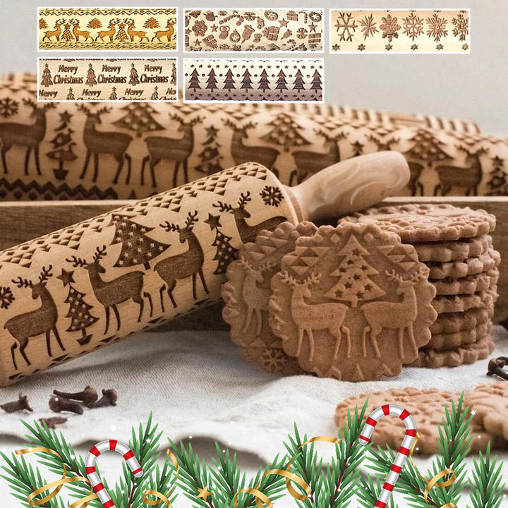 Christmas pattern wooden rolling pin; an essential kitchen tool for decorative holiday baking.