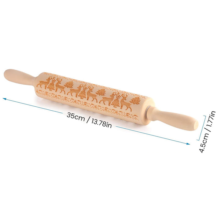 Wooden rolling pin featuring elegant Christmas patterns, perfect for holiday cookie projects.