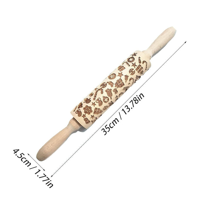 Baking accessory: wooden rolling pin embossed with delightful Christmas patterns.
