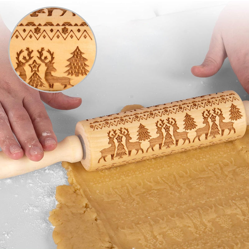 Embossed wooden rolling pin featuring festive Christmas patterns for baking fun.