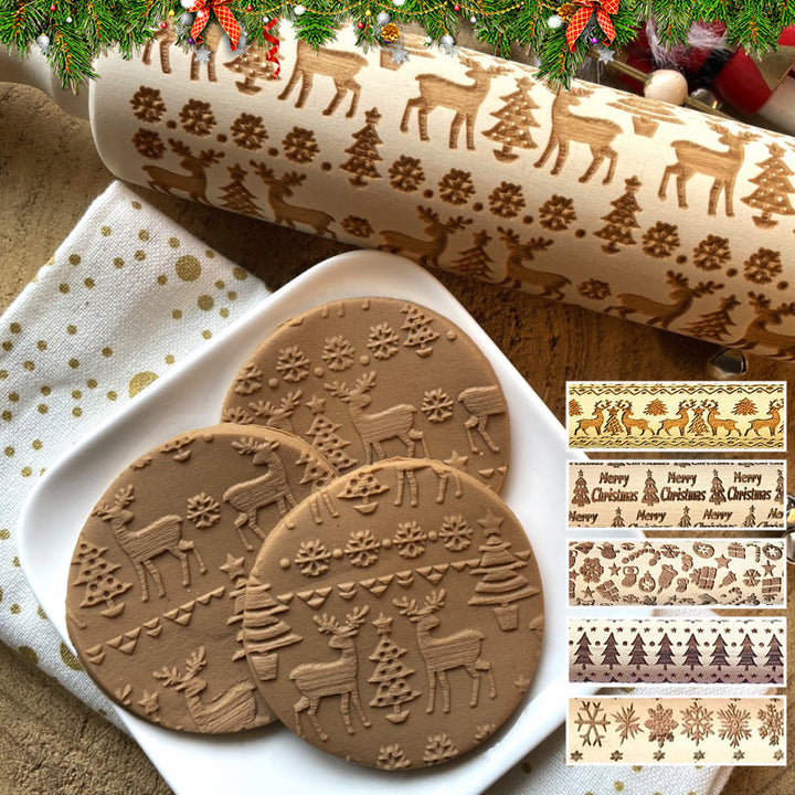 High-quality wooden rolling pin, deeply carved with classic Christmas holiday patterns.