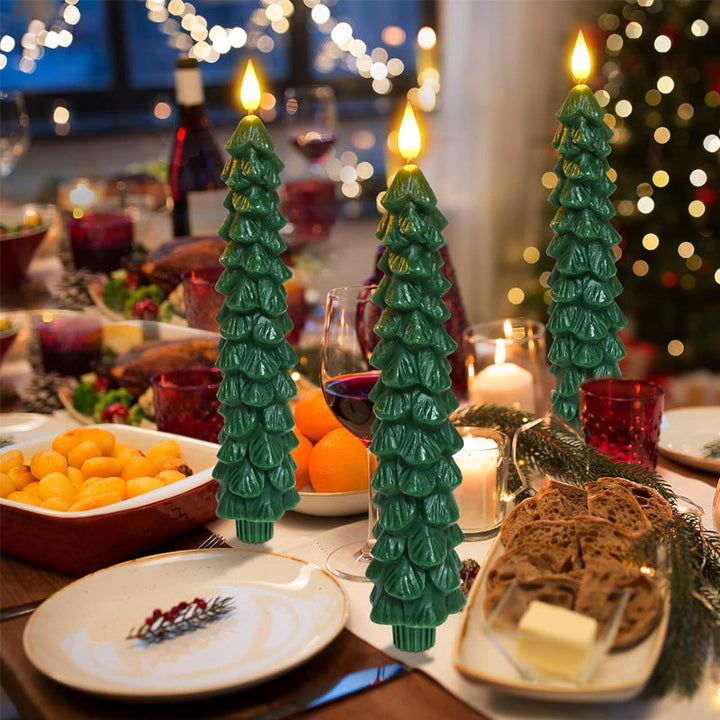 Christmas Tree LED candles glowing softly in a decorated holiday living room