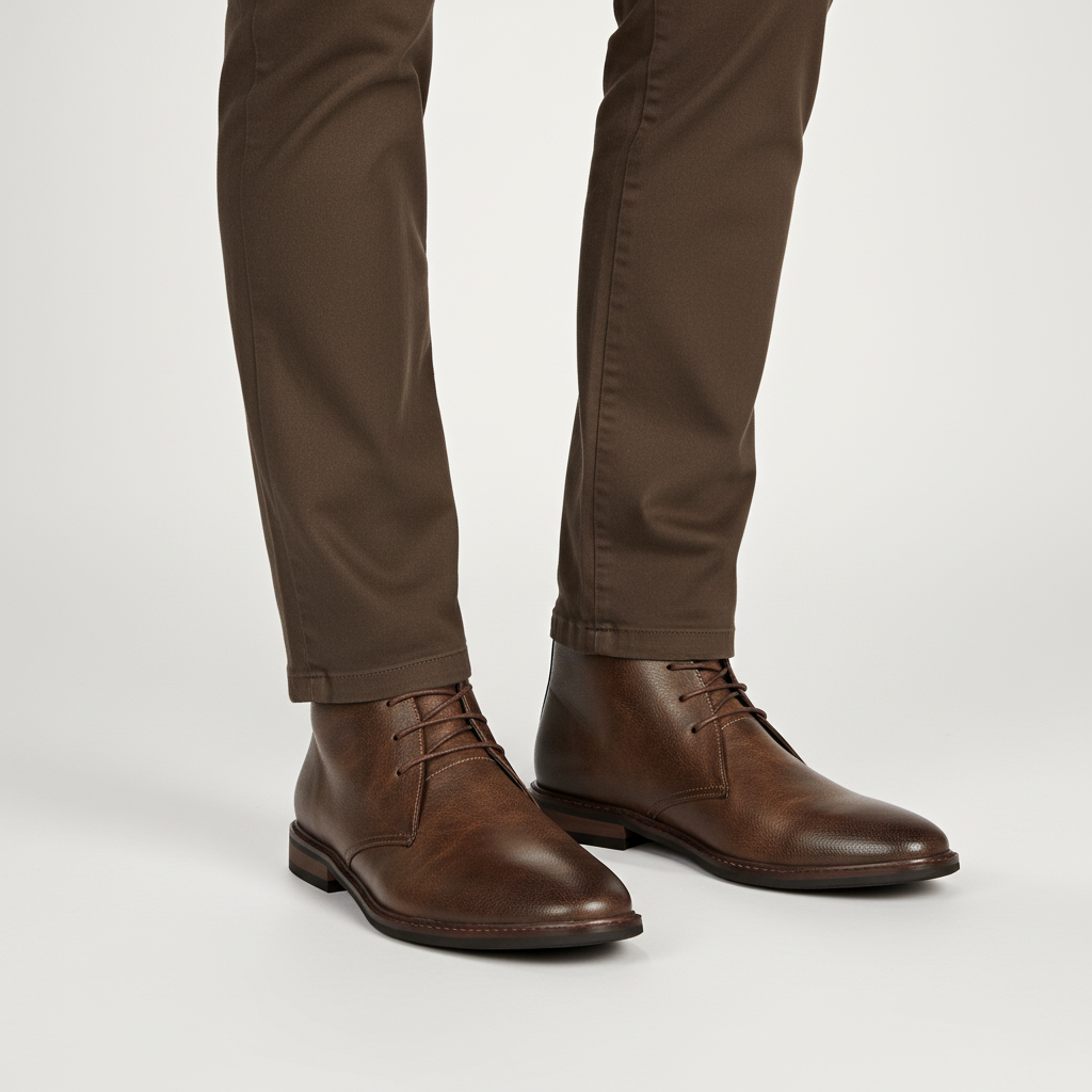 Durable men's dress shoes, brown leather, classic style. Comfortable footwear for office & everyday fashion.