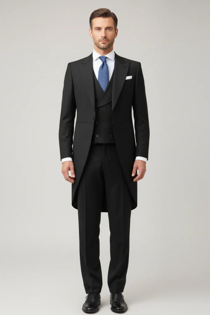 Classic black men's tailcoat suit, perfect for formal black-tie events, weddings, and elegant galas.