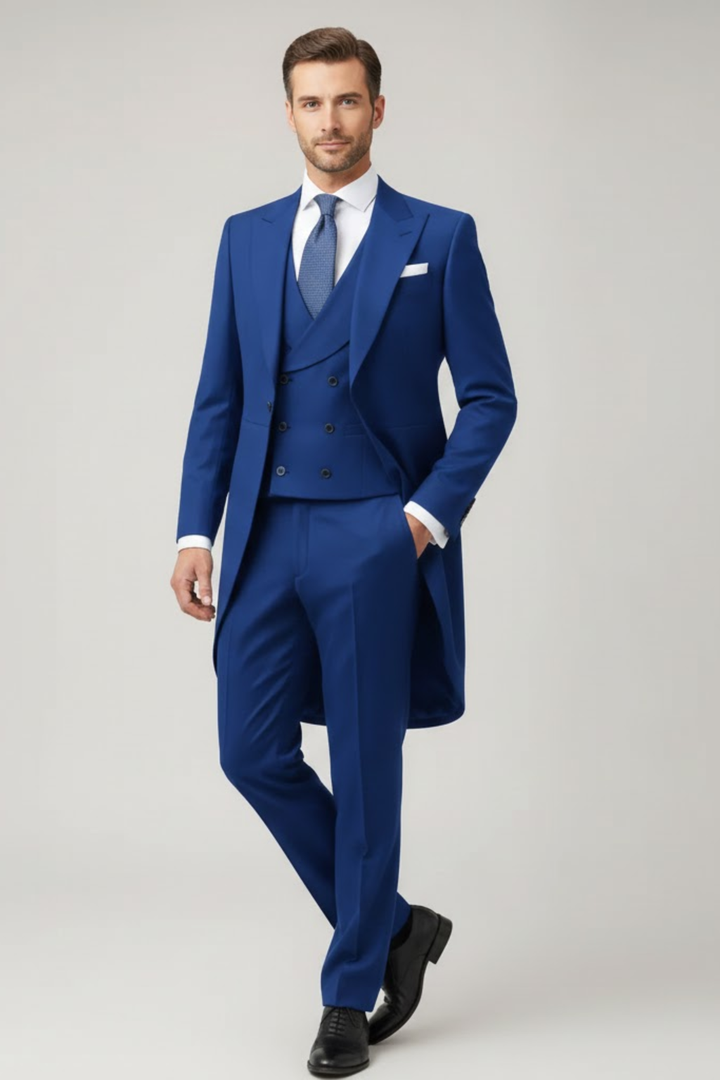 Elegant men's three-piece tailcoat suit with vest, ideal for formal evening wear, special occasions, and black-tie events.