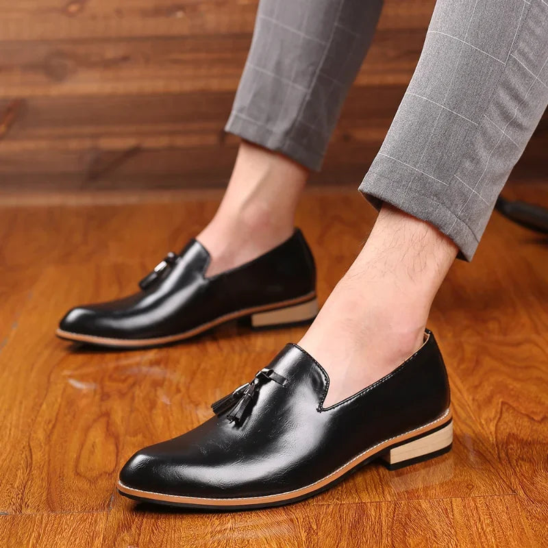 High-angle shot of versatile men's tassel loafers, ready for a polished or relaxed outfit.