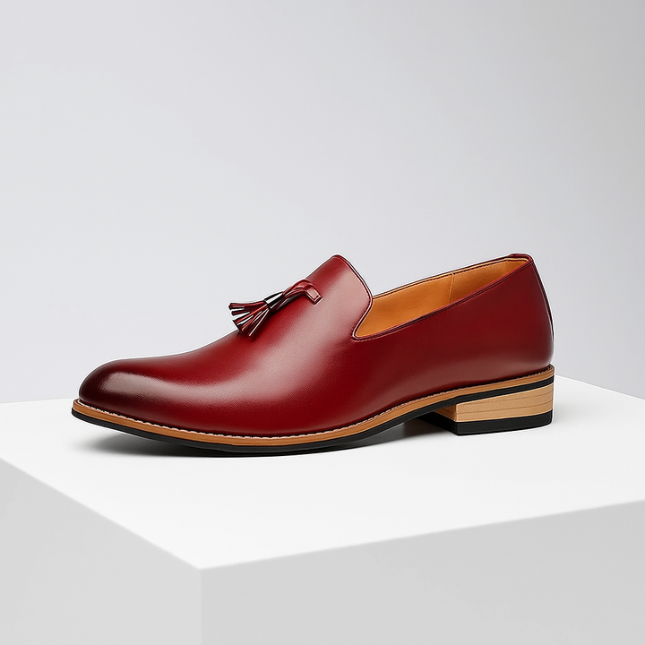 Sophisticated men's dress shoes: dark burgundy tassel loafers with a sleek, polished finish.