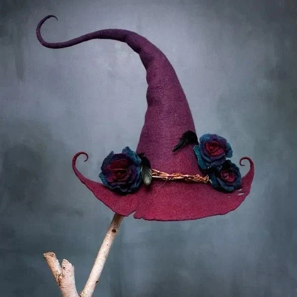 Handmade merino wool felt witch hat with silk chiffon, a unique unisex accessory for Halloween costumes.