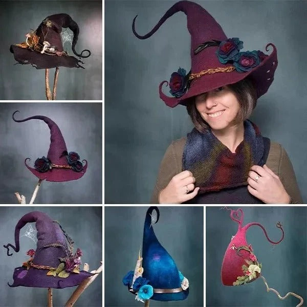 Versatile classic felt witch hat, handmade & adjustable, perfect unisex accessory for Halloween costumes.