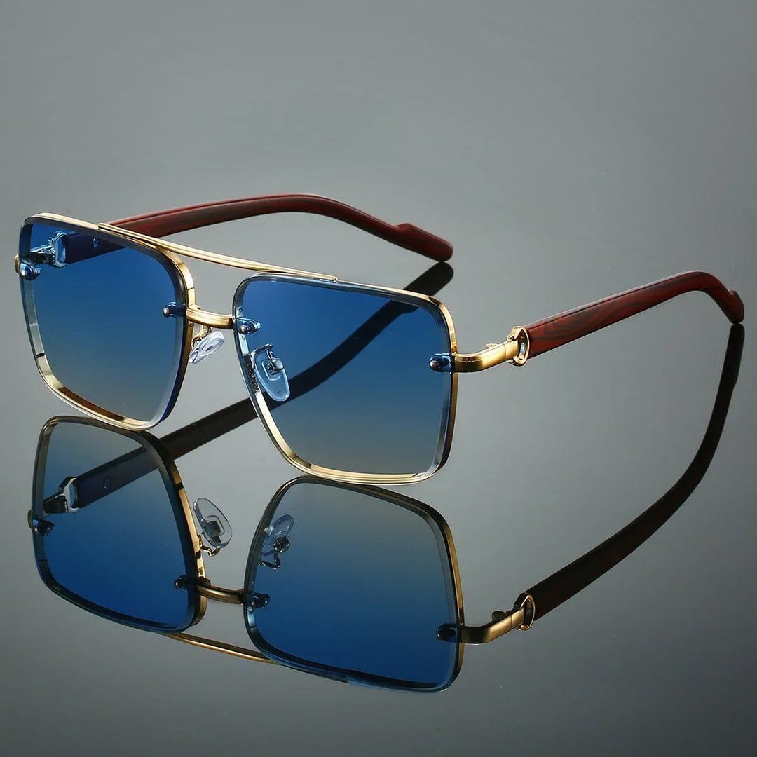 Unisex aviator sunglasses: gold frame, unique woodgrain temples. Fashion eyewear for sun protection.