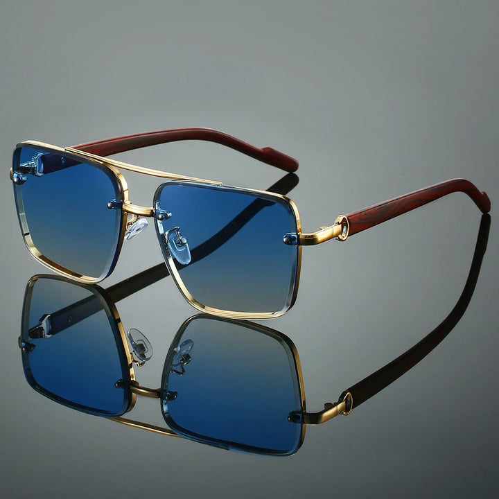 Unisex aviator sunglasses: gold frame, unique woodgrain temples. Fashion eyewear for sun protection.