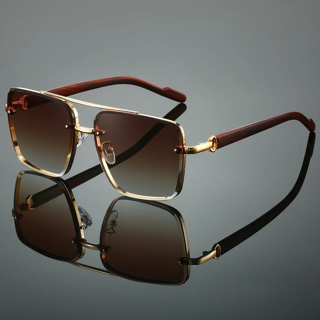 Stylish aviator sunglasses for men & women, featuring gold frames and natural woodgrain temples.