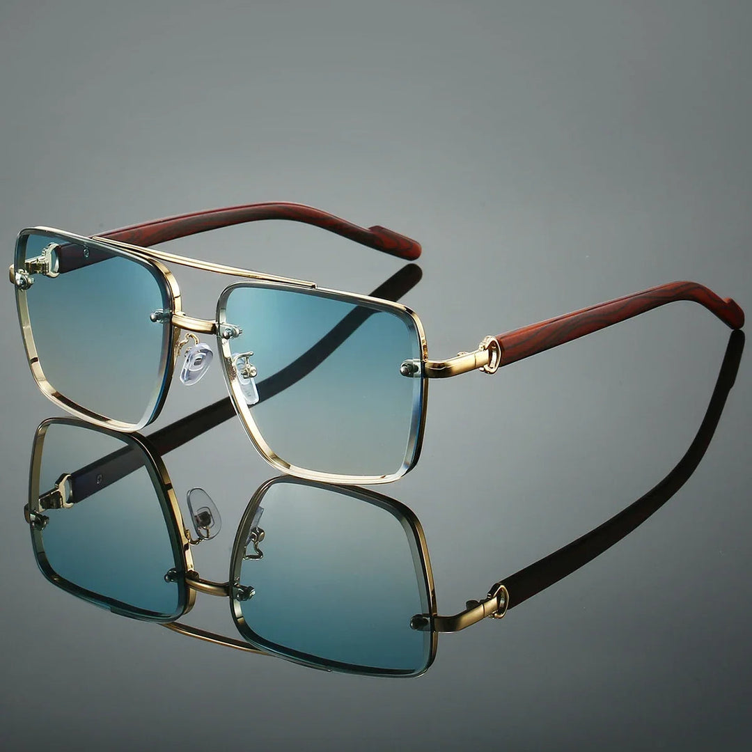 Gold frame aviator eyewear with elegant woodgrain temples, offering classic style & UV protection.