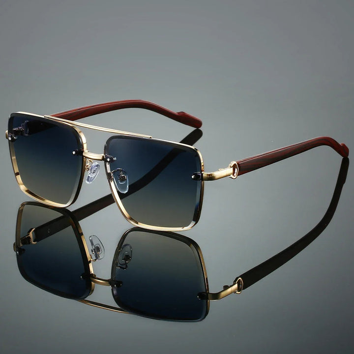 Fashionable unisex aviator sunglasses, gold frame & distinctive woodgrain temples. Essential accessories.