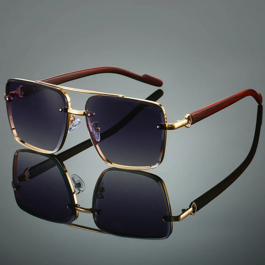 Close-up of classic gold frame aviator sunglasses with detailed, natural woodgrain temples.