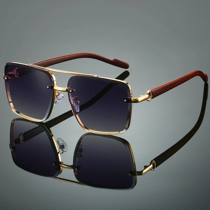 Close-up of classic gold frame aviator sunglasses with detailed, natural woodgrain temples.