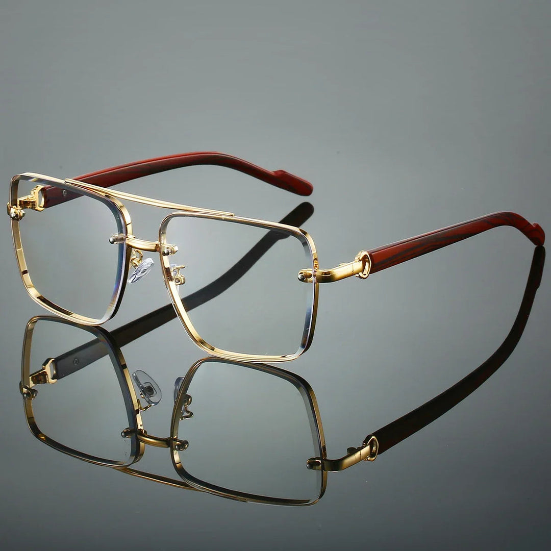 Unisex aviator sunglasses on a model, showcasing gold frames and chic woodgrain temple design.