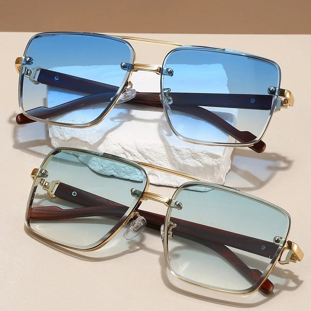 Elegant gold frame aviator sunglasses, perfect for any gender, with sophisticated woodgrain temples.