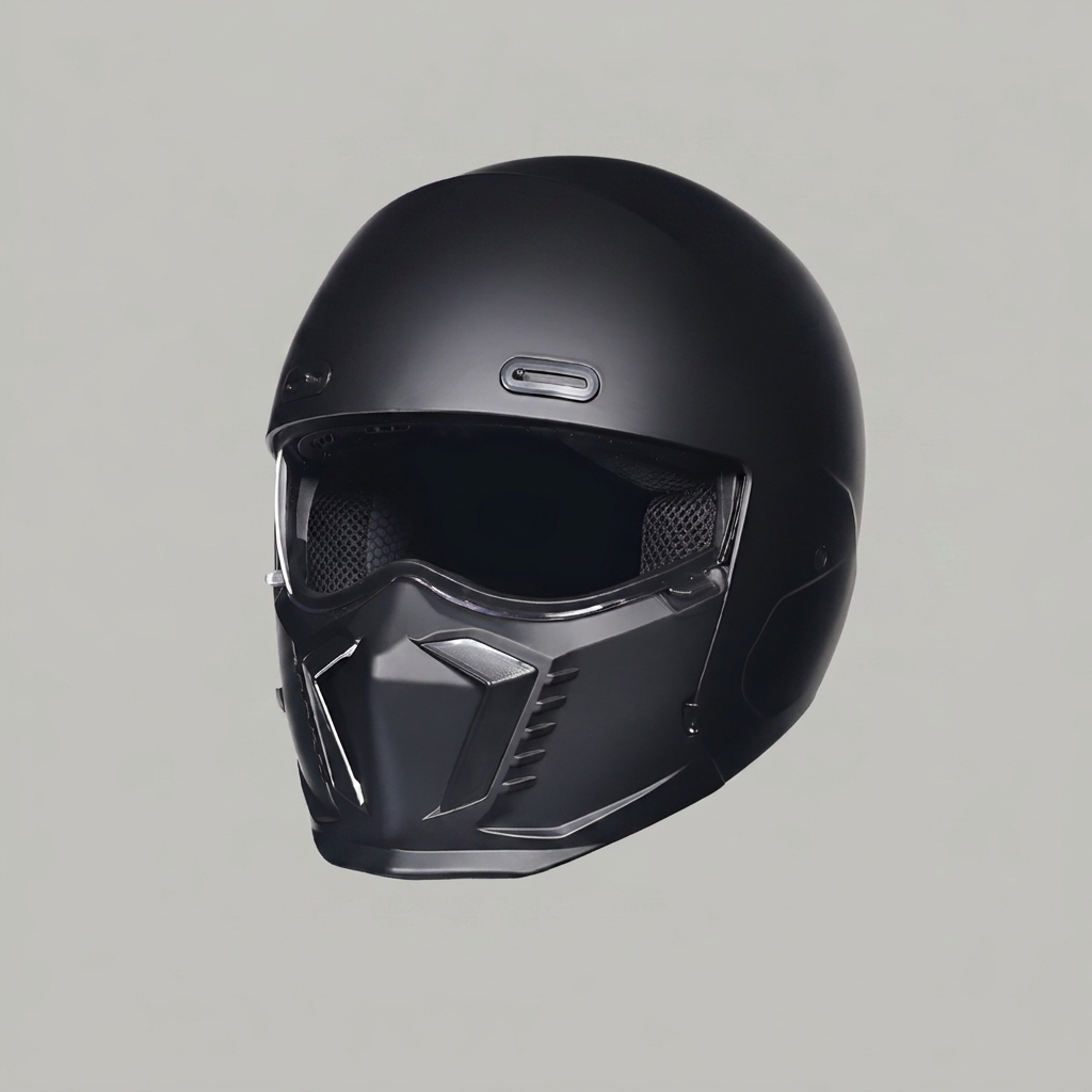 Vintage-style matte black motorcycle helmet, DOT/ECE certified. Perfect safety gear for classic bike riders.