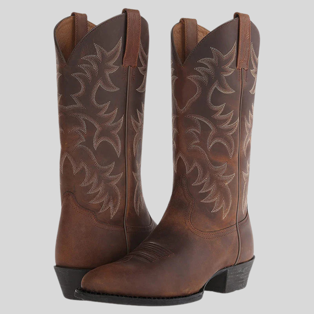 Stylish men's western boots, durable leather-look cowboy boots. Perfect rugged footwear for casual or outdoor wear.