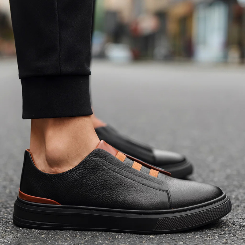 Black men's classic everyday sneakers, low-top, lace-up, offering comfort & style for daily walking shoes.