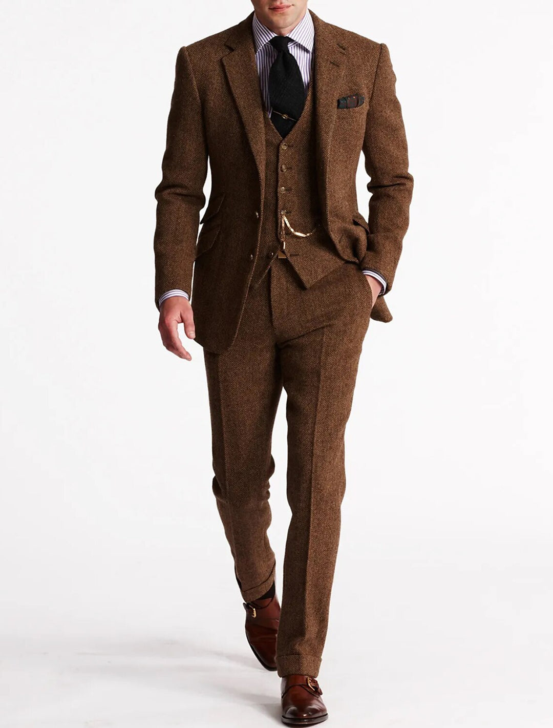 Classic men's three-piece suit, tailored for formal events & weddings. Elegant black fabric, includes jacket, vest, trousers.