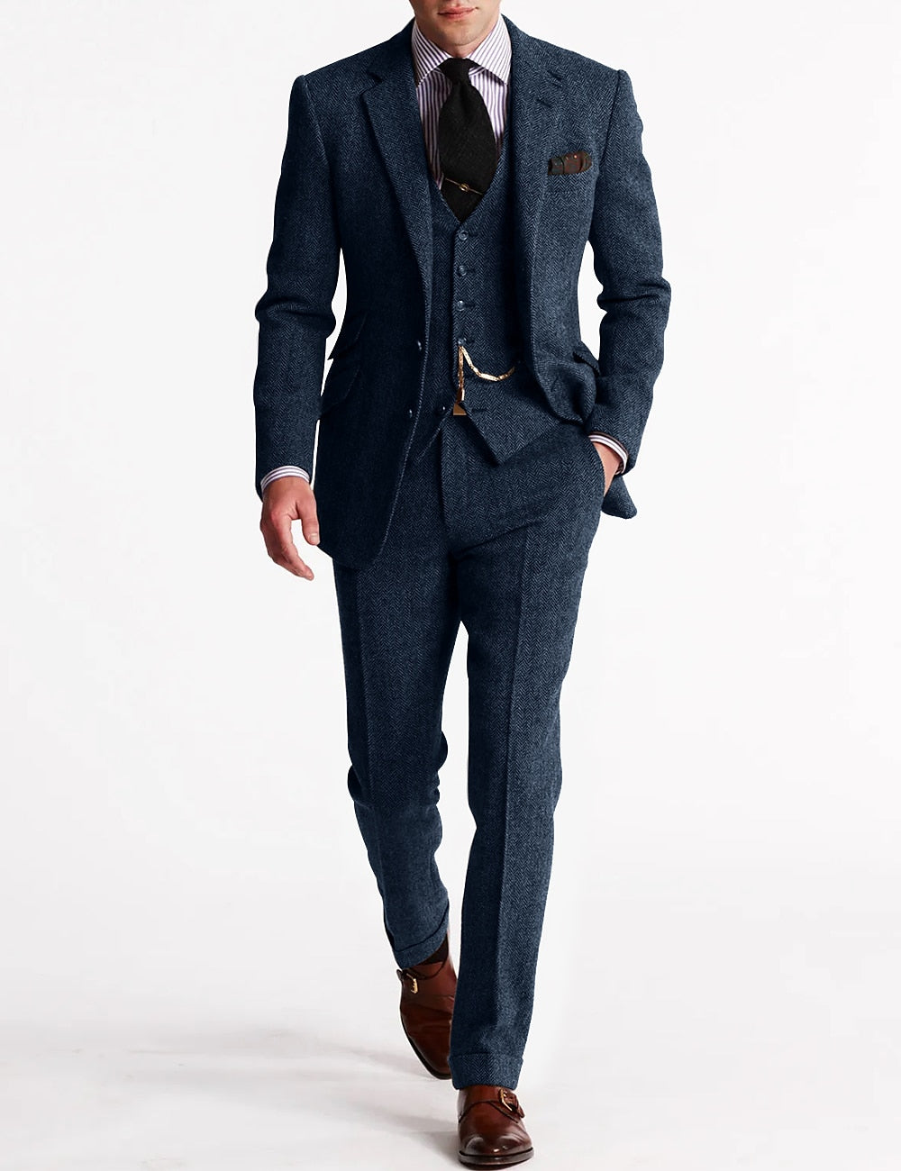 Complete men's three-piece formal suit ensemble for any special occasion. Classic tailored fit, ideal wedding or business formal.