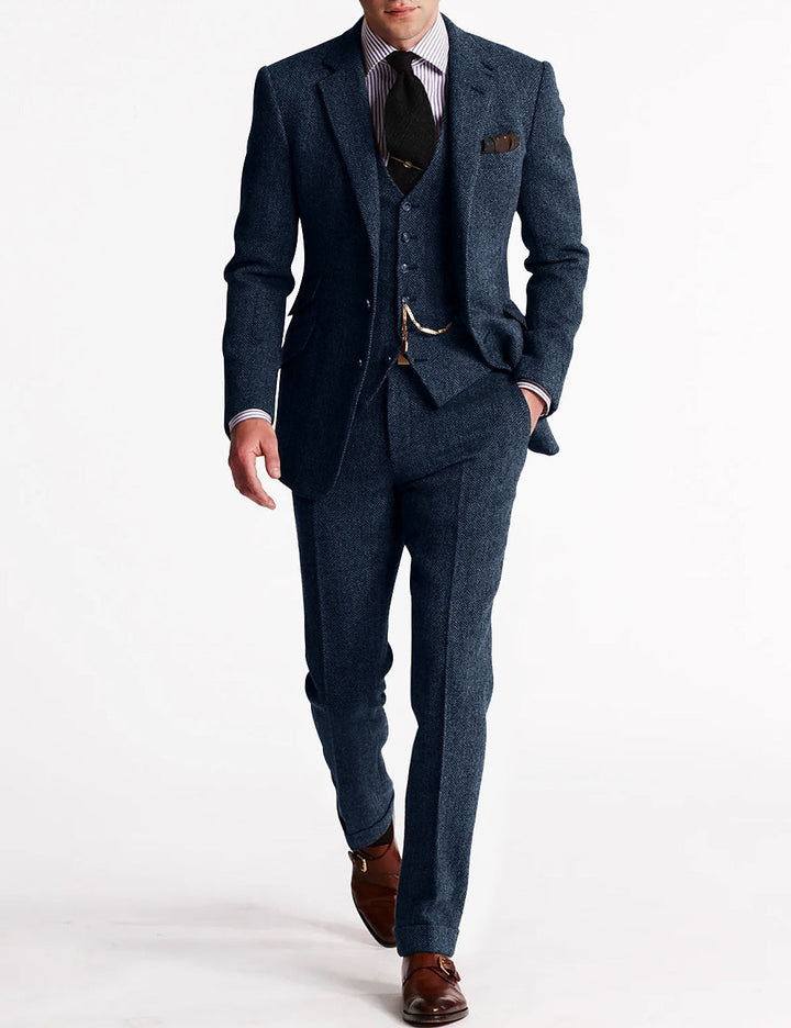 Complete men's three-piece formal suit ensemble for any special occasion. Classic tailored fit, ideal wedding or business formal.