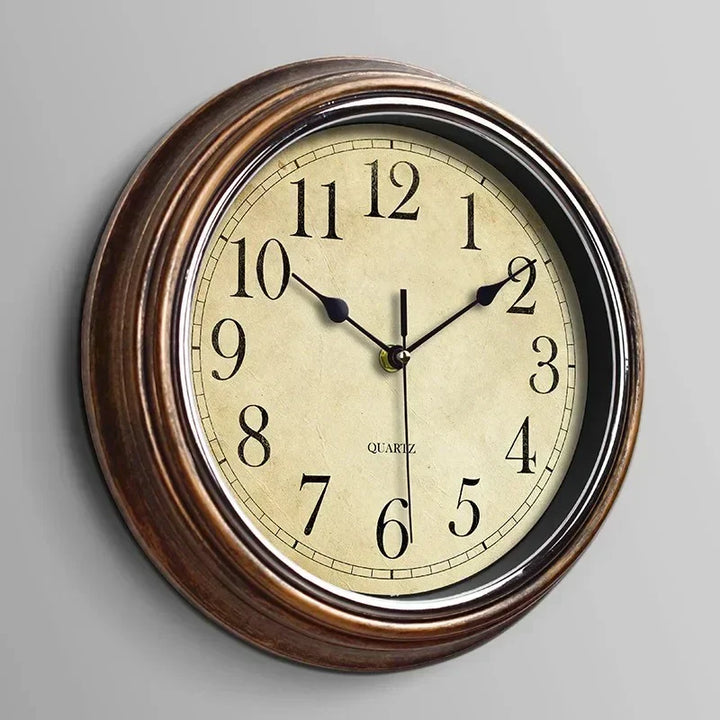 Classic round wood wall clock with large numbers for vintage home decor. Silent analog office or kitchen clock.