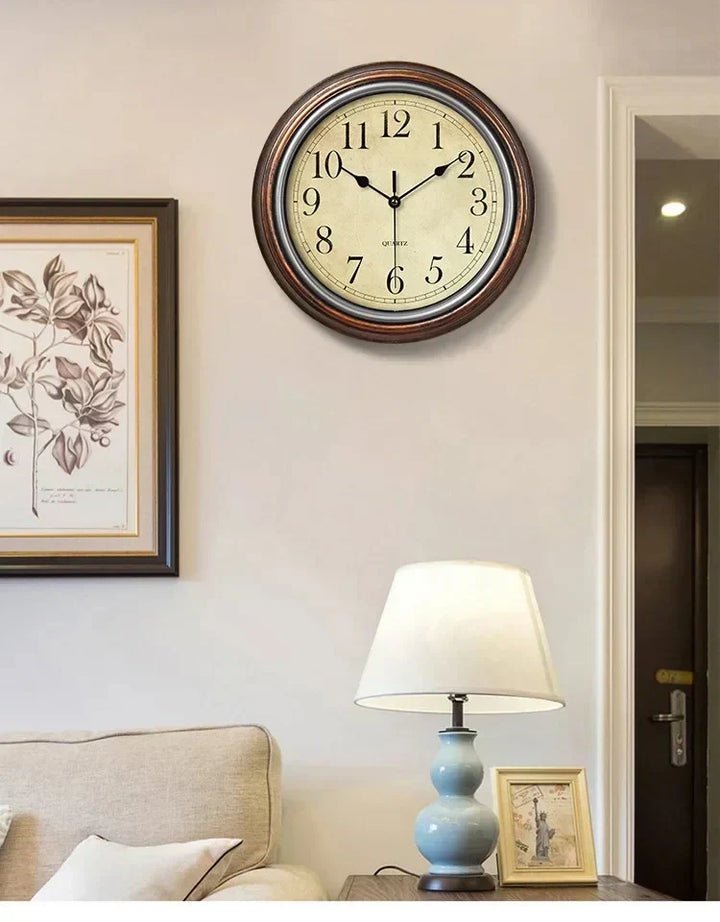 Elegant silent wall clock, large numbers, vintage style. Perfect round analog wood clock for living room & office decor.