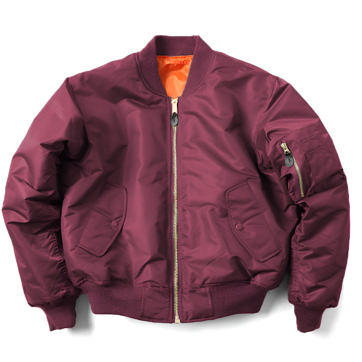 Front view of classic unisex bomber jacket. Stylish everyday outerwear, perfect transitional zip-up for men & women.