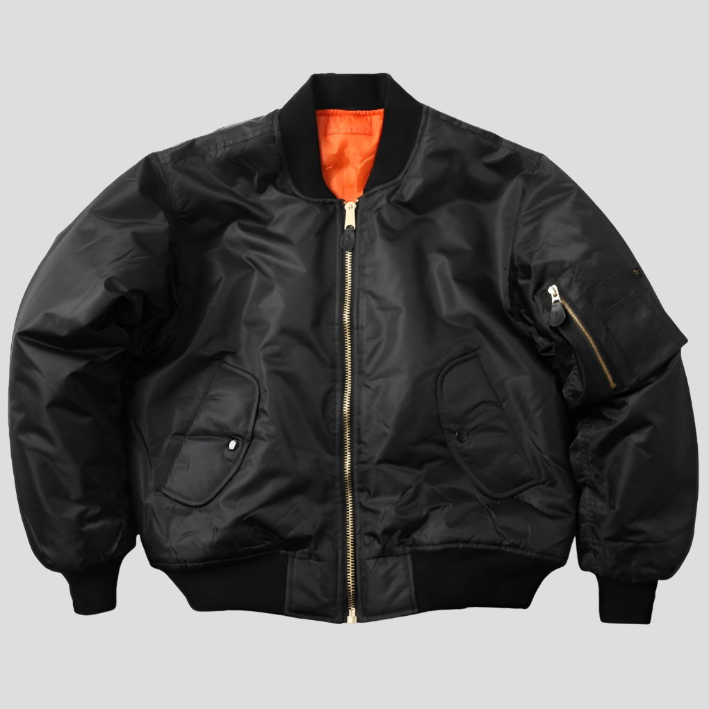 Back view of stylish classic bomber jacket. Unisex everyday outerwear, perfect transitional zip-up for men & women.