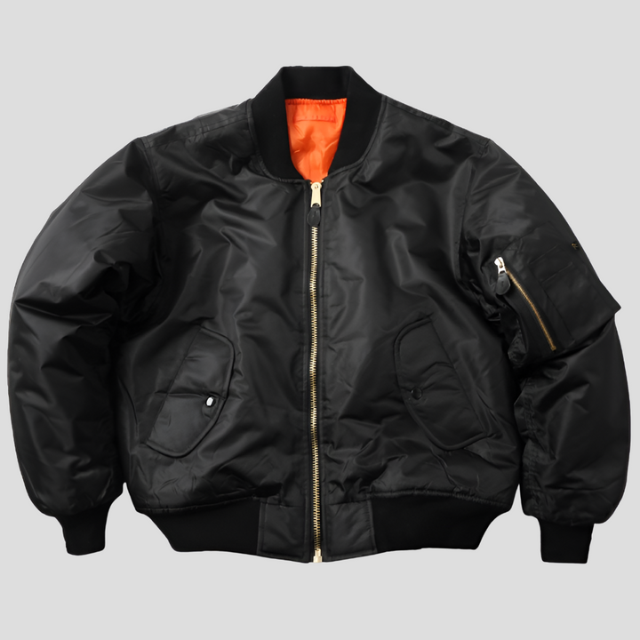 Back view of stylish classic bomber jacket. Unisex everyday outerwear, perfect transitional zip-up for men & women.