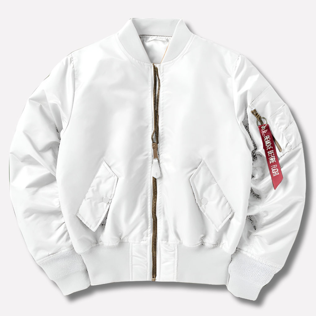 Zip-up classic bomber jacket with rib-knit trim. Unisex everyday outerwear, perfect for a casual layered look.