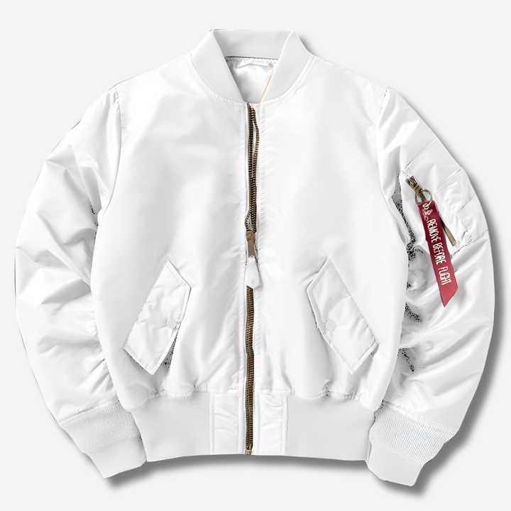 Zip-up classic bomber jacket with rib-knit trim. Unisex everyday outerwear, perfect for a casual layered look.
