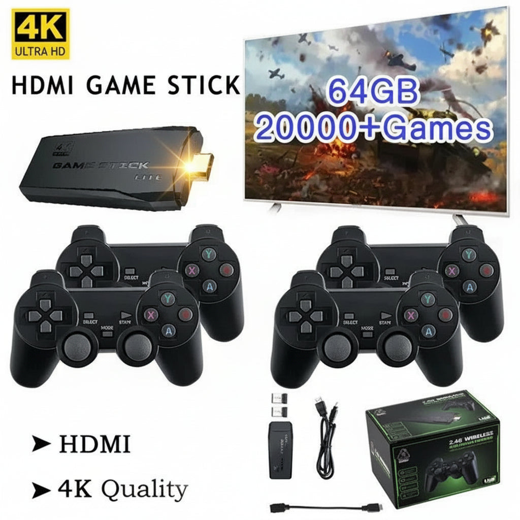 Portable HDMI game console with wireless controllers & 20,000+ classic games for TV entertainment.