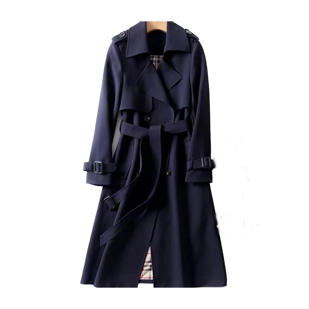 Back view of an elegant women's classic trench coat. Long, double-breasted outerwear for versatile fashion style.