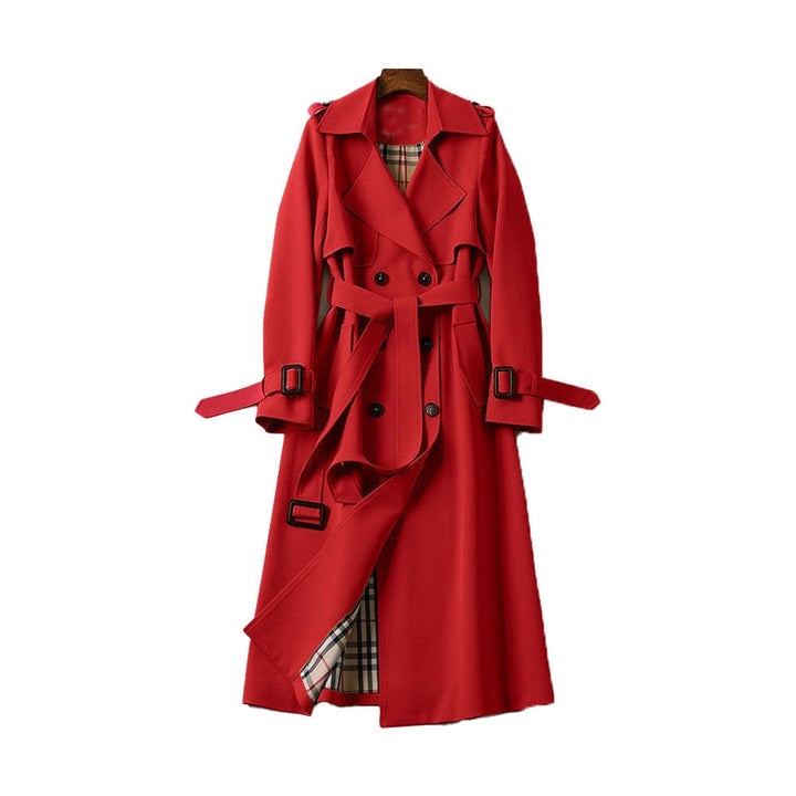 Streamlined women's classic long trench coat, double-breasted design. Elegant & versatile fashion outerwear.