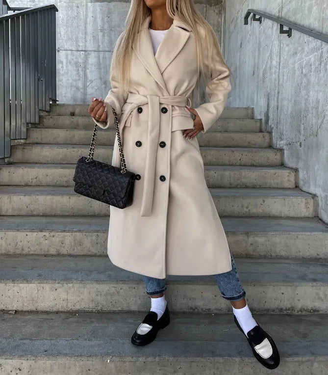 Stylish women's long sleeve trench coat, a versatile classic for any fall or winter fashion look.