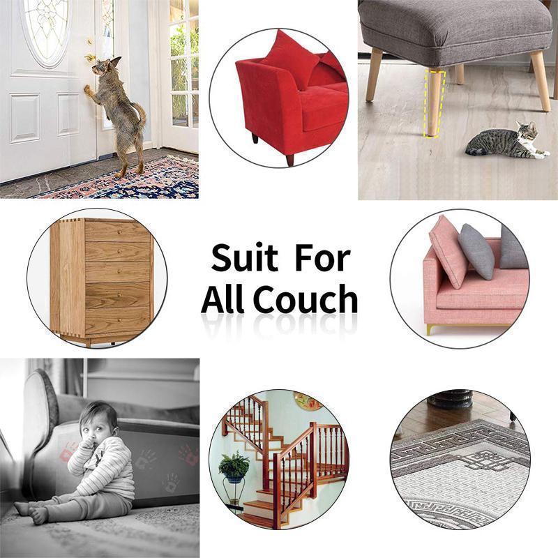 Hand applying Clear Cat Furniture Protector Tape to a corner of a sofa, ensuring pet-friendly scratch barrier.