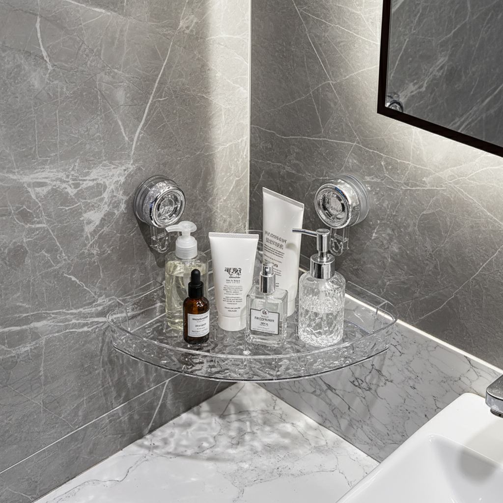 Clear drill-free shower caddy with powerful suction cups for shampoo, conditioner & bath accessories in damp areas.