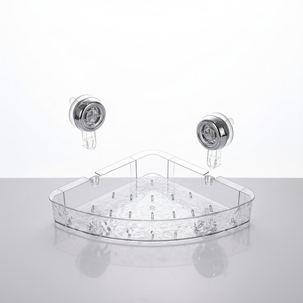 No-drill wall organizer for bathrooms, kitchens & damp areas. Strong suction cup storage for toiletries & sponges.