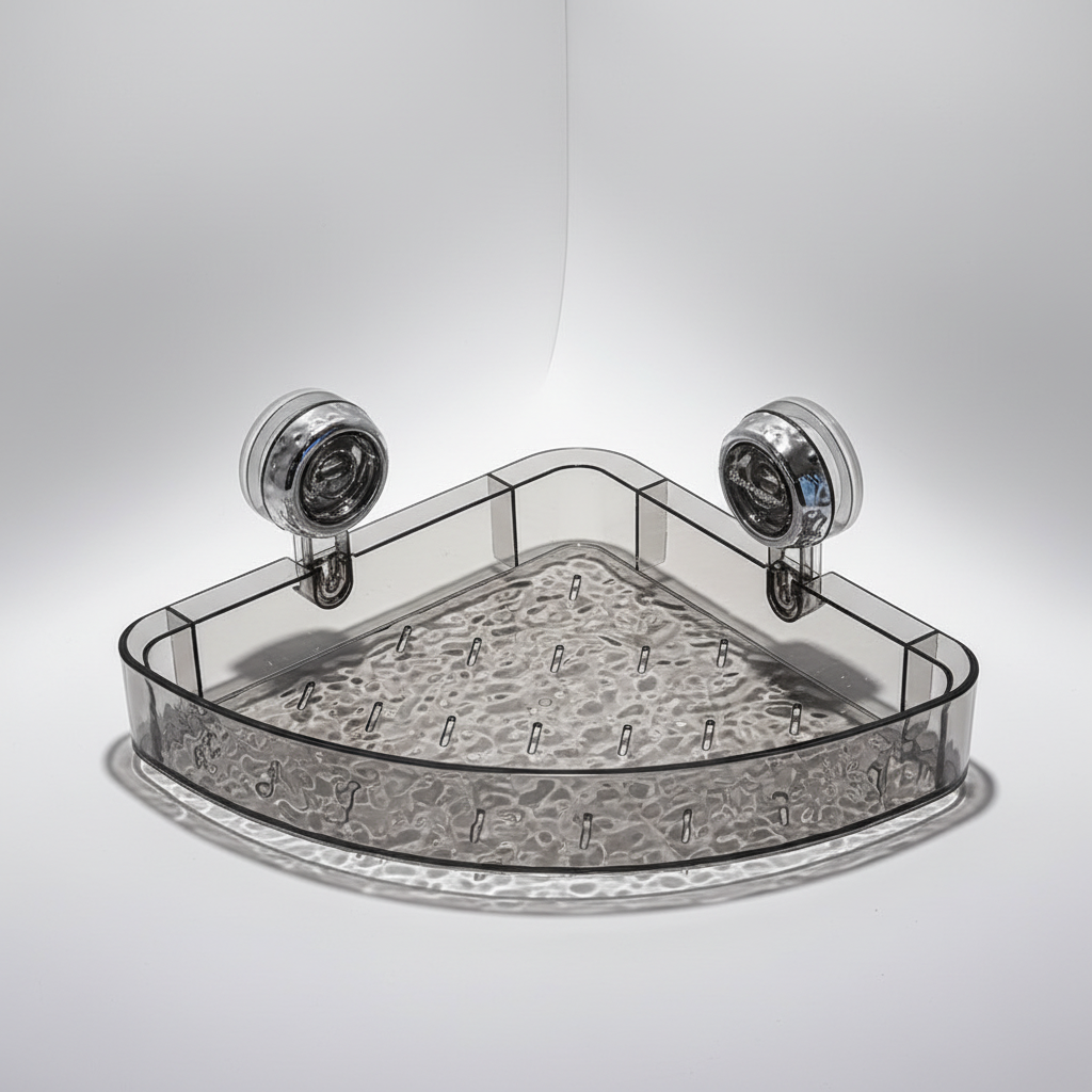 Transparent shower caddy for easy wall mounting. Ideal for organizing shampoo, soap, and bath products without drilling.