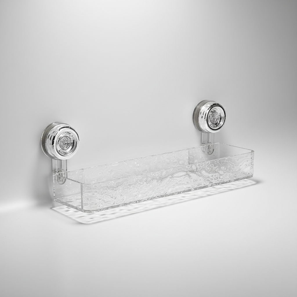 Space-saving bathroom storage solution: drill-free wall organizer with strong suction for toiletries in damp areas.